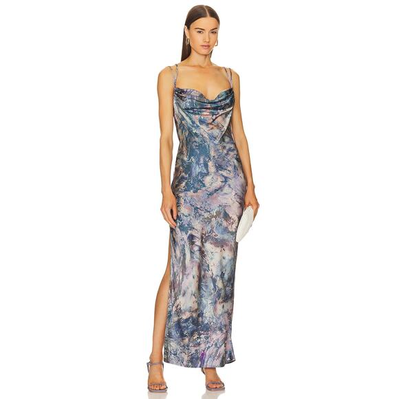 Michael Costello Braxton Dress Oil Abstract Print Maxi Slip Blue Satin Slit Sz S - Picture 1 of 12